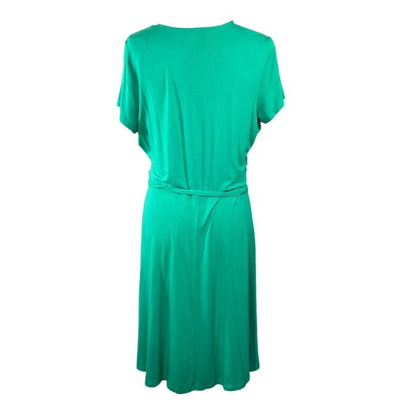 Lands' End Faux Wrap Dress Size L Large Green Short Sleeve V- Neck Knit - Picture 3 of 5